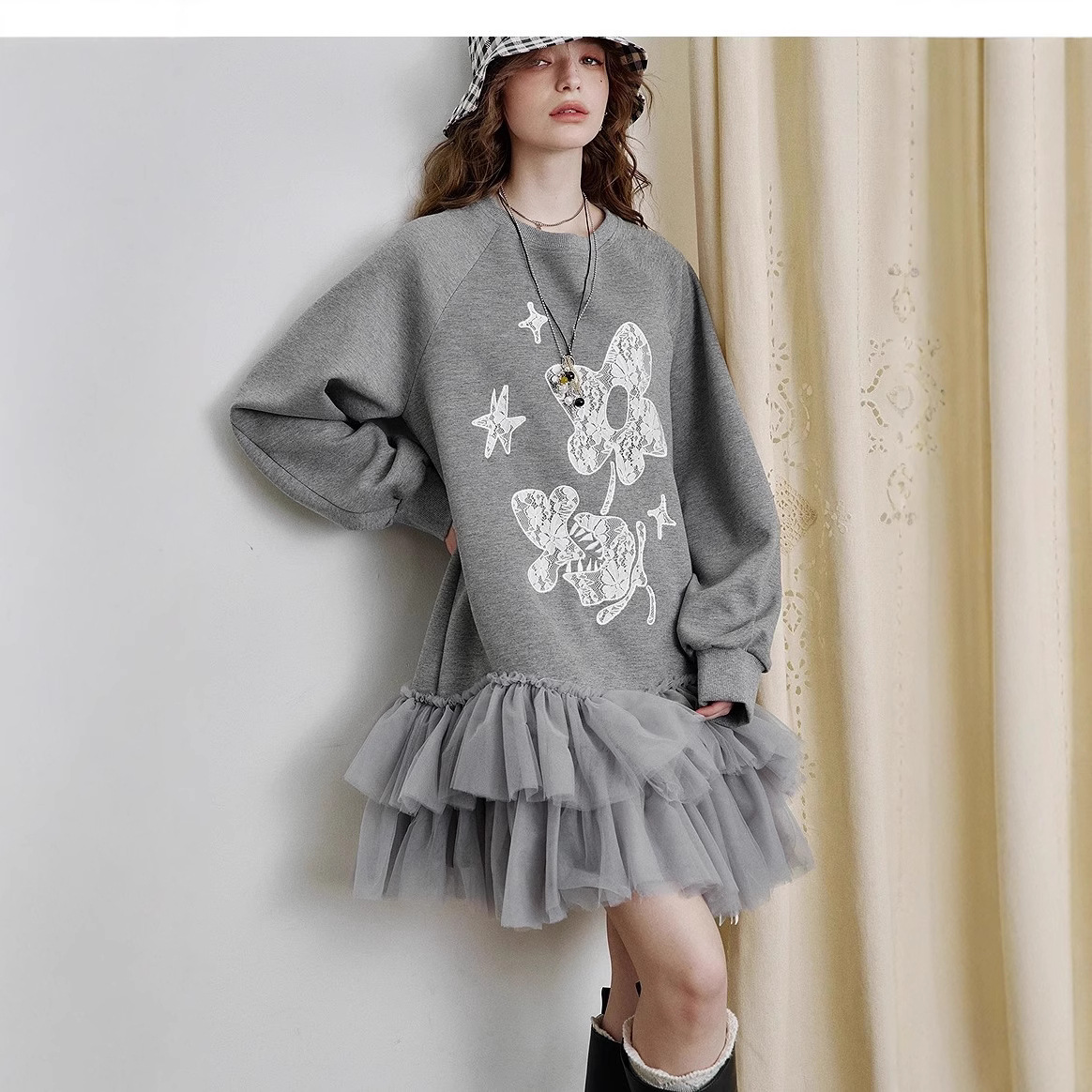 Fairy's pocket "Grey Dream" printed mesh spliced ​​sweatshirt dress for women's spring design skirt