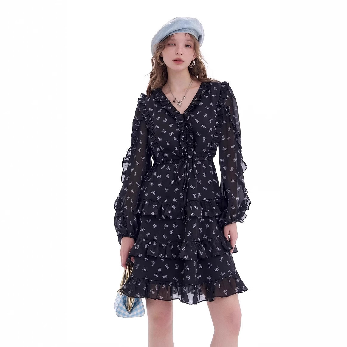 Fairy's pocket "Night Rose Dance" waist-hugging slim skirt French black floral long-sleeved dress for women